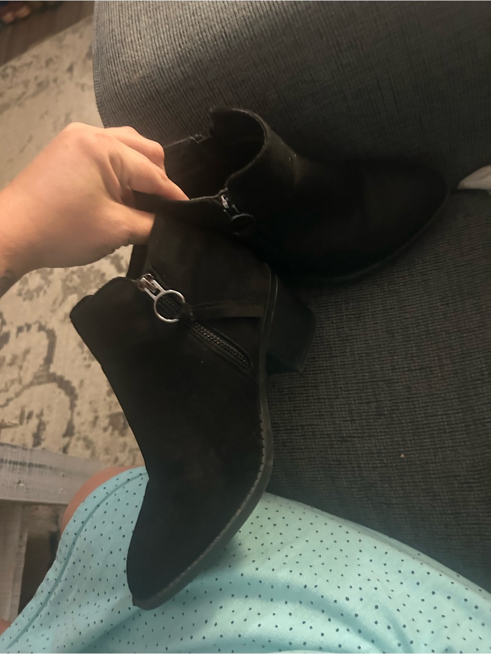 TOP Moda Black Suede Ankle Booties with Ring Zip Detail
